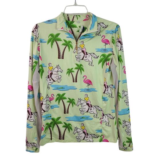 ATE Jumper Palm Tree Flamingo Green Blue Equestrian Horse Riding Sun Shirt Top M - Picture 2 of 4